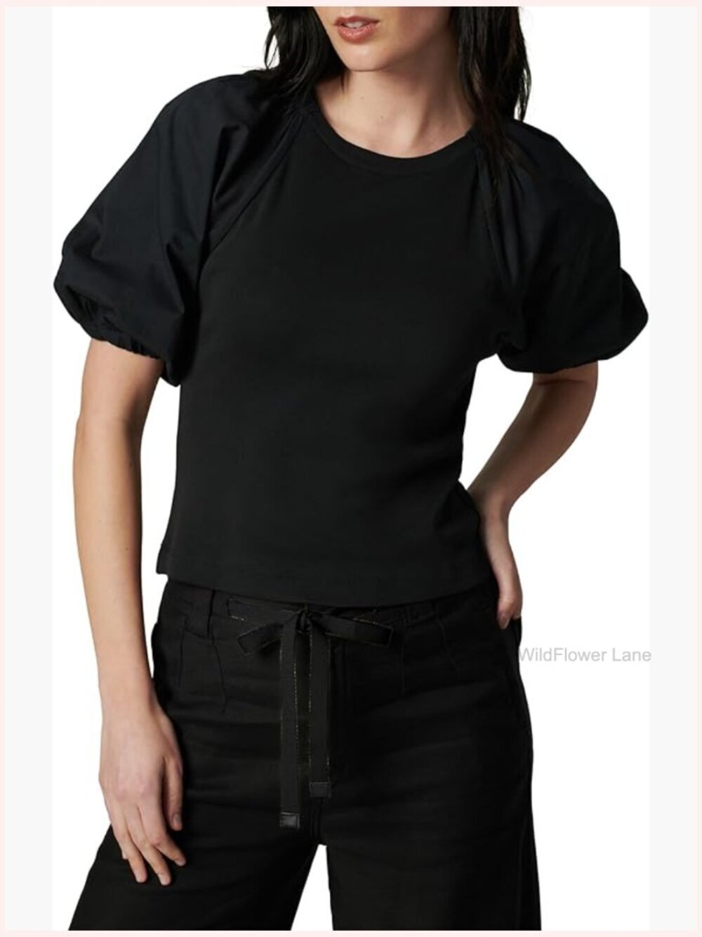 Ruffle Short Puff Sleeve Top Crew Neck Slim Fit Cotton Jersey Knit